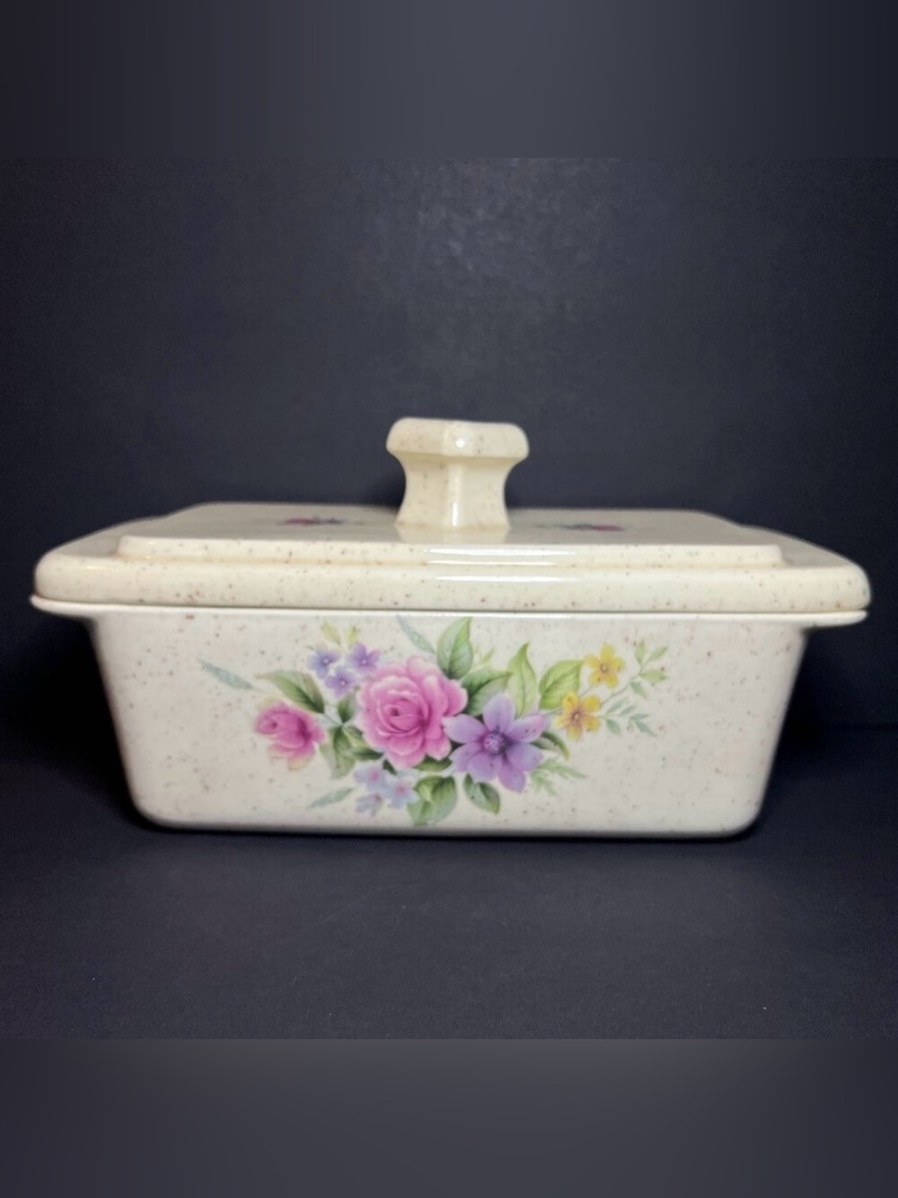 Vintage Ceramic Speckled Floral Pattern Rectangular Casserole Dish w/ Lid
